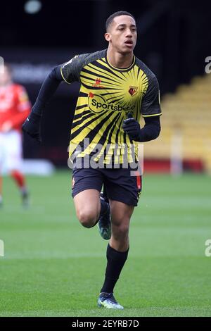 Watford, Großbritannien. März 2021, 06th. Joao Pedro von Watford in Aktion während des Spiels. EFL Skybet Championship Match, Watford gegen Nottingham Forest im Vicarage Road Stadium in Watford am Samstag, 6th. März 2021. Dieses Bild darf nur für redaktionelle Zwecke verwendet werden. Nur redaktionelle Verwendung, Lizenz für kommerzielle Nutzung erforderlich. Keine Verwendung in Wetten, Spiele oder ein einzelner Club / Liga / Spieler Publikationen. PIC von Steffan Bowen / Andrew Orchard Sport Fotografie / Alamy Live News Kredit: Andrew Orchard Sport Fotografie / Alamy Live News Stockfoto