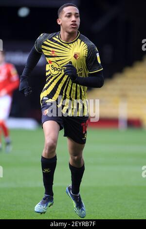 Watford, Großbritannien. März 2021, 06th. Joao Pedro von Watford in Aktion während des Spiels. EFL Skybet Championship Match, Watford gegen Nottingham Forest im Vicarage Road Stadium in Watford am Samstag, 6th. März 2021. Dieses Bild darf nur für redaktionelle Zwecke verwendet werden. Nur redaktionelle Verwendung, Lizenz für kommerzielle Nutzung erforderlich. Keine Verwendung in Wetten, Spiele oder ein einzelner Club / Liga / Spieler Publikationen. PIC von Steffan Bowen / Andrew Orchard Sport Fotografie / Alamy Live News Kredit: Andrew Orchard Sport Fotografie / Alamy Live News Stockfoto