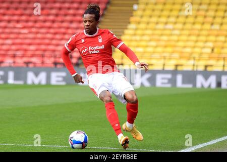 Watford, Großbritannien. März 2021, 06th. Gaetan Bong von Nottingham Forest in Aktion während des Spiels. EFL Skybet Championship Match, Watford gegen Nottingham Forest im Vicarage Road Stadium in Watford am Samstag, 6th. März 2021. Dieses Bild darf nur für redaktionelle Zwecke verwendet werden. Nur redaktionelle Verwendung, Lizenz für kommerzielle Nutzung erforderlich. Keine Verwendung in Wetten, Spiele oder ein einzelner Club / Liga / Spieler Publikationen. PIC von Steffan Bowen / Andrew Orchard Sport Fotografie / Alamy Live News Kredit: Andrew Orchard Sport Fotografie / Alamy Live News Stockfoto