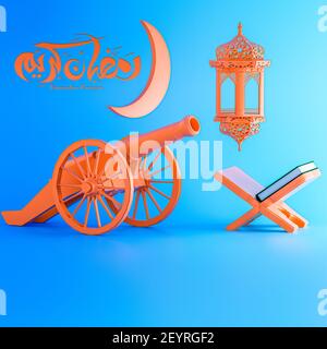Ramadan Kareem Kanonen erschossen, islamische Produkt-Display Mock up auf rosa Hintergrund. Podium, Halbmond, Laterne, Geschenkbox. Ramadan, eid fitr adha, Maw Stockfoto