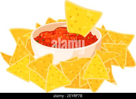 Nachos und Chili Pfeffer Salsa Vektor isoliert Symbol. Mexiko Nachos Chips Fast Food Snack Stock Vektor
