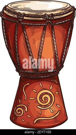 Djembe Trommel Afrikanisches Musikinstrument isolierte Skizze. Vector Seil-abgestimmt und Haut-bedeckten Kelch jembe Stock Vektor