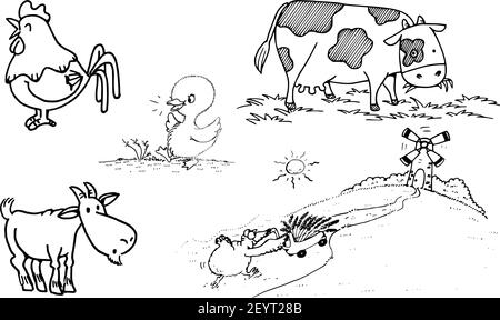 vektor Cartoon Bauernhof Tiere Kuh Huhn Huhn Ziege Stock Vektor