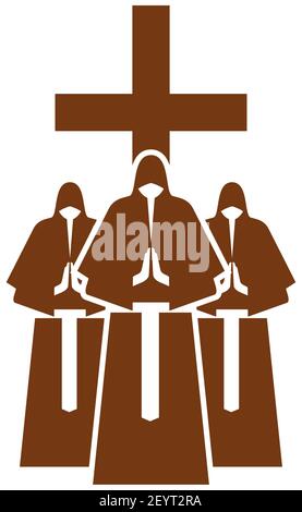 Katholische Priester und Kruzifix isoliert Religion Symbole. Vektor männliche Prediger in Robe und Kreuz Stock Vektor