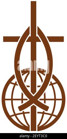 Christliche Religion Symbole isoliert Kreuz, Globus und Fisch. Vektor katholische religiöse Symbole, Kruzifix und Welt Stock Vektor