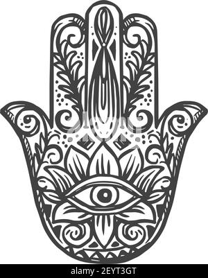 Hamsa Palmenform Amulett isolierte Hand von Fatima Skizze. Vektor Mary oder Mariam Göttin, jüdische Religion Stock Vektor