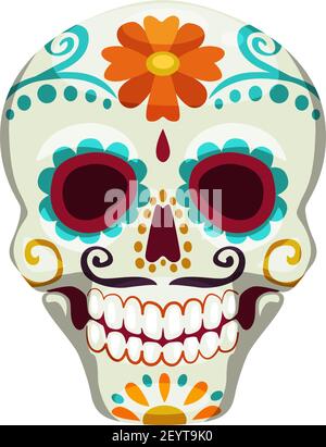 Cinco de Mayo Zucker Schädel von Ringelblume isoliert verziert. Vektor süßen Skelett Kopf Stock Vektor