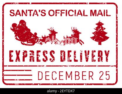 Weihnachten Mail Poststempel isoliert Express-Lieferzeichen. Vector Post Dichtung mit Santa, Schlitten und Neujahr Baum Stock Vektor