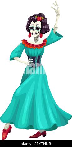 Frau Skelett in blauem Kleid mit Rosen isoliert Tänzerin. Vektor catrina calavera Schädel, Tag der Toten Stock Vektor
