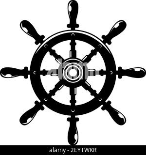 Schiffslenkrad mit Anker Konturvektor Abbildung. Segeln, maritimes lineares schwarzes Symbol. Antikes, vintage Ruder, Lenkradumriss d Stock Vektor