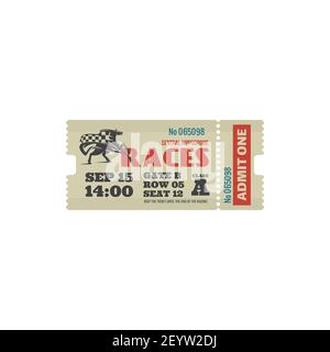 Reitsport-Wettbewerb Ticket isolierte Karte mit Hengst Pferd und karierte Rennflagge. Vector zugeben, ein auf Hippodrom, halten Ticket bis zum Ende Stock Vektor