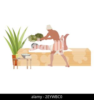 Massage in der Sauna mit heißem Besen. Spa Badehaus, heiße Therapie-Raum mit Massage, Birkenblatt für Gesundheit, Temperatur warm gesund. Vektorgrafik Stock Vektor