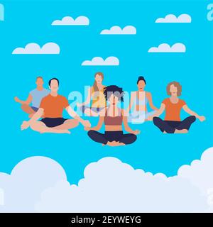 Die Menschen meditieren in Pose Lotus, schweben im Wolkenhimmel. Vektor-Meditation, Übung Mädchen Fitness Illustration Stock Vektor