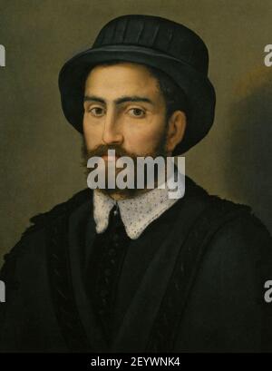 Pier Francesco Foschi - Ritratto di un busto uomo che indossa un cappotto nero e cappello. Stockfoto