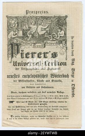 Pierers Universal-Lexikon der Vergangenheit und Gegenwart. Vierte Auflage. Prospekt. Seite 1. Stockfoto