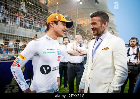 David Beckham, ehemaliger Fußballspieler, mit NORRIS Lando (gbr), McLaren Renault F1 MCL34, auf dem Startplatz während der Formel 1 FIA Weltmeisterschaft 2019, Bahrain Grand Prix, in Sakhir vom 29. Bis 31. märz - Foto Florent Gooden / DPPI Stockfoto