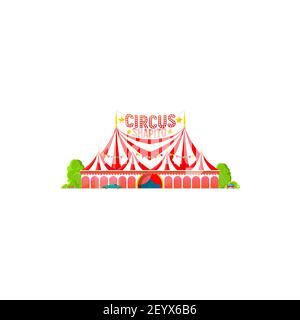 Shapito Wanderzirkus Zelt isoliert gestreifte Markise Ikone. Vector Big Top Zirkus, Fassade von Entertainment-Gebäude mit Fahnen dekoriert. Bäume und Vehi Stock Vektor