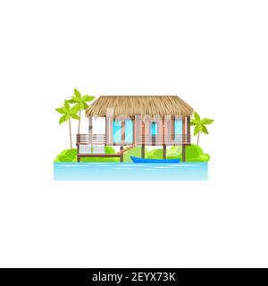 Haus, Villa oder Ferienhaus am Strand mit Palmen und Boot im Wasser isoliert Ikone. Vector Strand Haus Gebäude, Haus am Meer der tropischen Insel, oce Stock Vektor