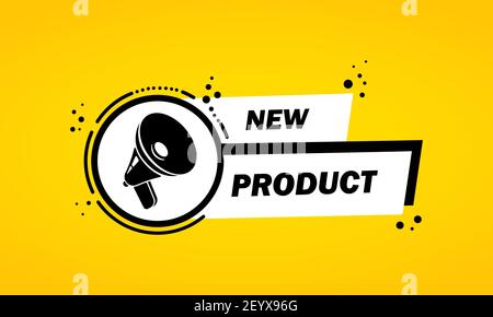 Megaphon mit neuem Produkt Sprechblasenbanner. Lautsprecher. Label für Business, Marketing und Werbung. Vektor auf isoliertem Hintergrund. EPS 10. Stock Vektor