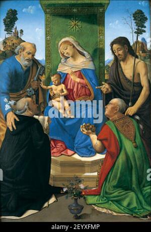 Piero di Cosimo - Madonna mit Kind auf dem Thron der Heiligen. Stockfoto