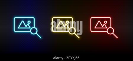 Suchen, Foto Neon-Symbol-Set. Satz von roten, blauen, gelben Neon-Vektor-Symbol Stock Vektor