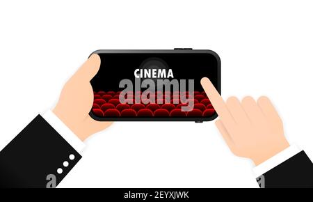 Online-Kino auf Ihrem Handy-Banner. Filmzeit. Vektor auf isoliertem weißem Hintergrund. EPS 10. Stock Vektor