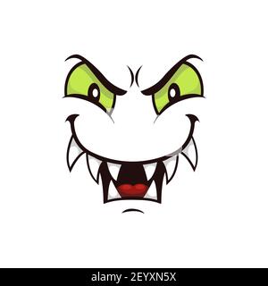 Monster Face Cartoon Vektor-Symbol, gruselige Kreatur Emotion mit räuberischen Glanz Lächeln, schielte grüne Augen und toothy Mund. Halloween Geist, Alien oder Stock Vektor