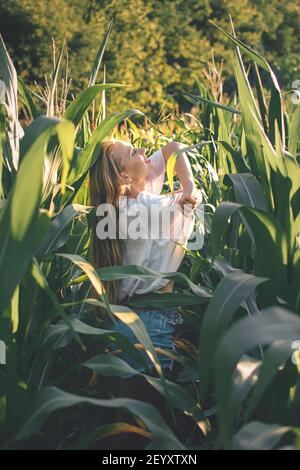 Sensibilität für die Natur, Feier des Lebens kleine Momente Konzept. Junge Frau genießt die Natur auf dem Maisfeld Stockfoto