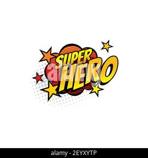 Super Hero Comics Halbton Blase isoliert Symbol. Vektor Boom bang bunte Superhelden Symbol, Typografie Emblem. Cartoon Pop Art retro Sound Wolke bla Stock Vektor