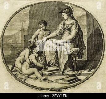 Pierre Bayle - Dictionaire historique et critique, Tome Premier A-G, Reinier Leers, Rotterdam 1697 - Frontispice (beschnitten) - behelmte Athena, die drei children2 anleitet. Stockfoto