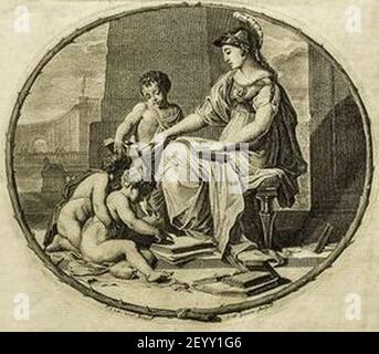 Pierre Bayle - Dictionaire historique et critique, Tome Premier A-G, Reinier Leers, Rotterdam 1697 - Frontispice (beschnitten) - behelmte Athena, die drei Kinder unterrichtet. Stockfoto