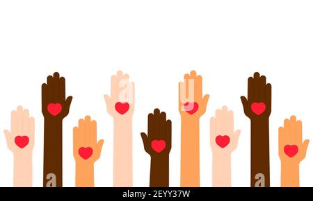 Erhobene menschliche Hände mit roten Herzen Illustration. Freiwilligenarbeit, Spenden und Wohltätigkeitskonzept. Vektor auf isoliertem weißem Hintergrund. EPS 10. Stock Vektor