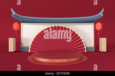 Leere Plattform mit Klappfächerhintergrund, chinesischer Retro-Stil, 3D Rendering. Digitale Zeichnung des Computers. Stockfoto