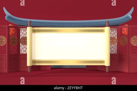 Leere chinesische Rolle mit chinesischen Palastwänden, 3D Rendering. Digitale Zeichnung des Computers. Stockfoto