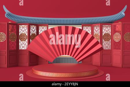 Leere Plattform mit Klappfächerhintergrund, chinesischer Retro-Stil, 3D Rendering. Digitale Zeichnung des Computers. Stockfoto