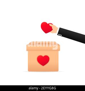 Menschen werfen Herzen in eine Schachtel für Spenden. Herzen in der Hand. Spendenbox. Spenden, Geld geben und lieben. Vektor auf isoliertem weißem Hintergrund. EPS 10 Stock Vektor