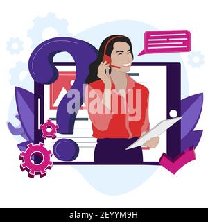 Hotline-Service online, Netzhilfe, Suche faq und Hilfe, Cartoon-Frau Betreiber, professionelle Unterstützung online. Vektorgrafik Stock Vektor