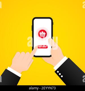 Jetzt kaufen Illustration. Online-Shopping auf dem Smartphone. Vektor auf isoliertem Hintergrund. EPS 10. Stock Vektor