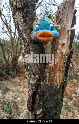 Stofftier eines Fisches, der in einen Baumstamm gelegt wird. Stockfoto