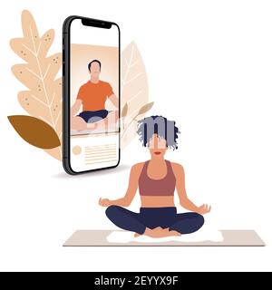 Yoga-Unterricht online, streamen Sie live auf dem Smartphone. Vector Live-Streaming auf Smartphone, Video Fitness und Meditation, Mann Lehre Lektion für schlanke Mädchen, Bala Stock Vektor