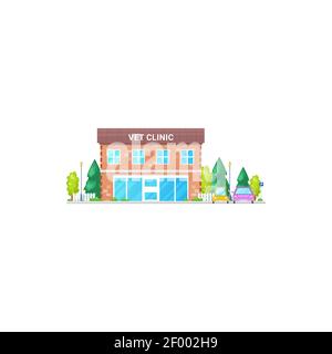 Tier Klinik Gebäude Fassade isoliert Ikone. Vector Tierarzt Zentrum mit Auto und grünen Bäumen, medizinische Veterinärklinik Außengestaltung, Parkzone. Haustier Stock Vektor