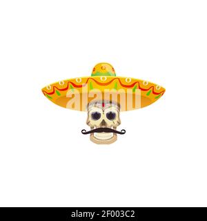 Schädel mit Schnurrbart und Sombrero Hut isoliert Dia de los muertos mexikanischen Urlaub Attribute. Vektor Cinco de Mayo Urlaub Objekte, Fiesta Party attr Stock Vektor