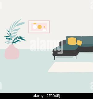 Wohnzimmer mit Sofa-Flat-Design. Vector Inneneinrichtung, Wohnzimmer Design, moderne Wohnung mit Lampe und Tisch Illustration Stock Vektor