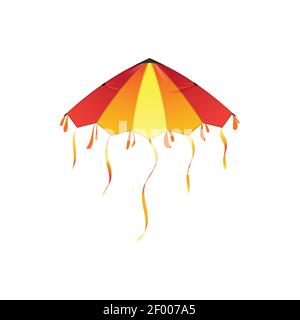 Drachen in Form von Quallen fliegen in Himmel isoliert Kinder Spielzeug. Vector orange, gelb rot Drachen mit Saiten in Form von Regenschirm, sommertime Erholung ob Stock Vektor