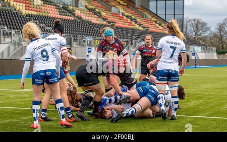 London, Großbritannien. März 2021, 06th. Mai Campbell of Saracens Women Scores Saracens Women erster Versuch von einem fahrenden Maul während des Womens Allianz Premier 15s-Matches zwischen Saracens Women und Bristol Bears Women am 6. März 2021 im Stonex Stadium, London, England. Foto von Phil Hutchinson. Nur redaktionelle Verwendung, Lizenz für kommerzielle Nutzung erforderlich. Keine Verwendung bei Wetten, Spielen oder Veröffentlichungen einzelner Vereine/Vereine/Spieler. Kredit: UK Sports Pics Ltd/Alamy Live Nachrichten Stockfoto