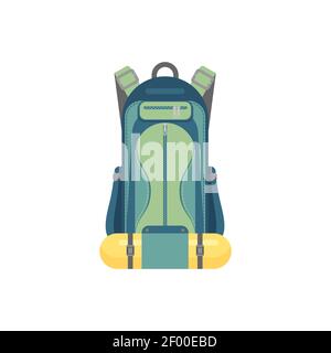 Wanderrucksack mit Schlafmatte isoliert Symbol. Vector Haversack oder Rucksack, Outdoor-Abenteuer-Pack, Handtasche mit Reißverschlüssen und Taschen. Tra Stock Vektor