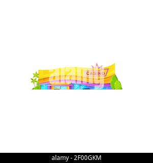 Royal Casino Gebäude mit Krone Neon Zeichen isoliert Zeichen. Vektor-Glücksspiel-Spielhaus, Entertainment-Gebäude im Resort, Vorderansicht des ungeordneten Hauses Stock Vektor