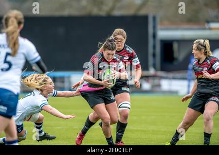 London, Großbritannien. März 2021, 06th. Saracens Women treten beim Womens Allianz Premier 15s Spiel zwischen Saracens Women und Bristol Bears Women am 6. März 2021 im Stonex Stadium, London, England, mit dem Ball an. Foto von Phil Hutchinson. Nur redaktionelle Verwendung, Lizenz für kommerzielle Nutzung erforderlich. Keine Verwendung bei Wetten, Spielen oder Veröffentlichungen einzelner Vereine/Vereine/Spieler. Kredit: UK Sports Pics Ltd/Alamy Live Nachrichten Stockfoto