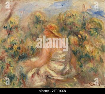 Pierre-Auguste Renoir - Frau mit Hut in einer Landschaft (Femme avec chapeau dans un paysage) Stockfoto