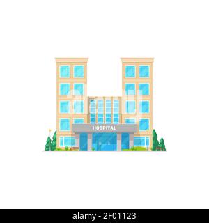 Stadtkrankenhaus außen mit Bäumen isoliert Symbol. Vector medizinisches Gesundheitszentrum, Notfallfassade, Multi-Store-Gebäude-Design. Krankenwagen A Stock Vektor